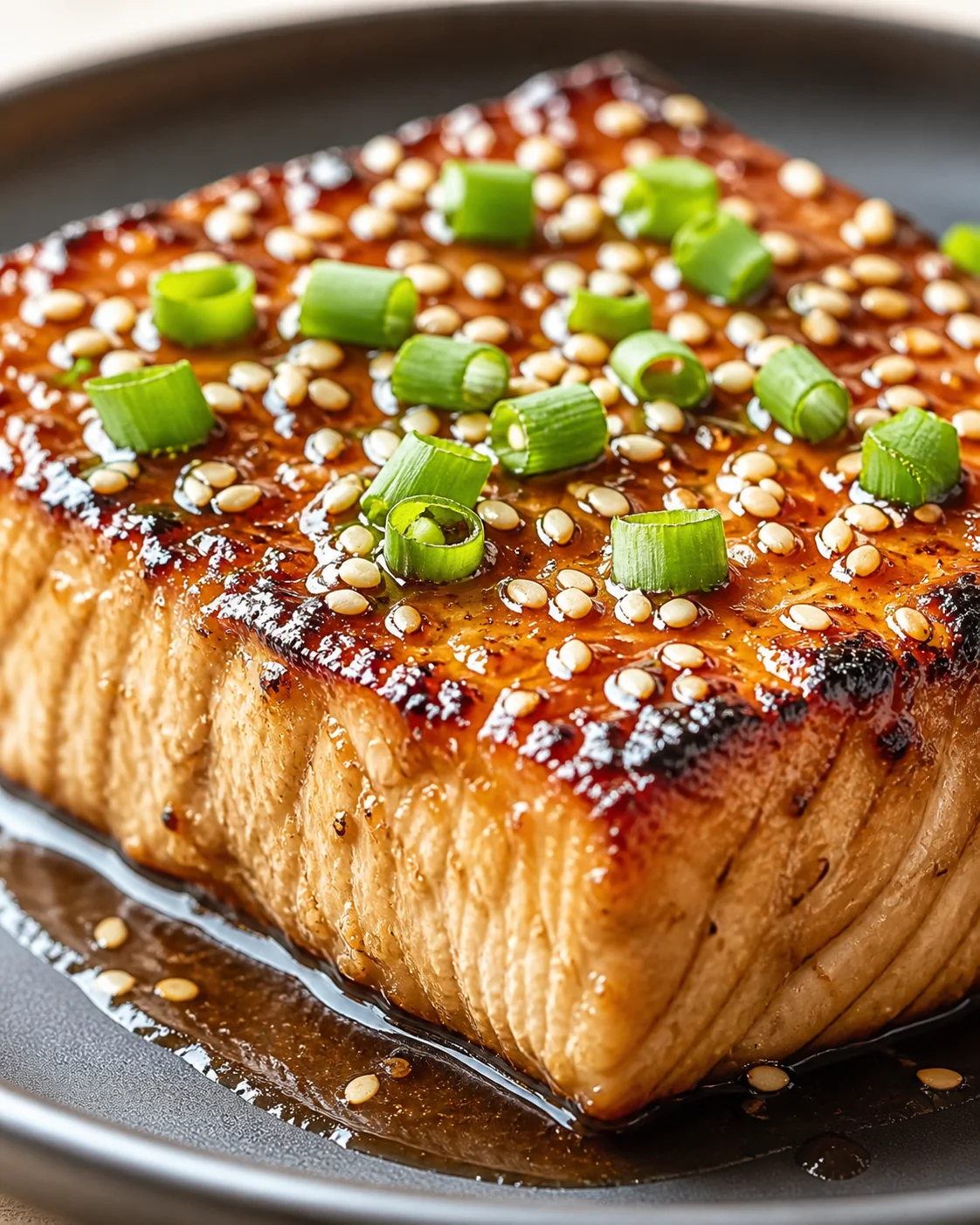 Close-up of glossy glazed pork belly on a dark plate, topped with sesame seeds and curled green onions.