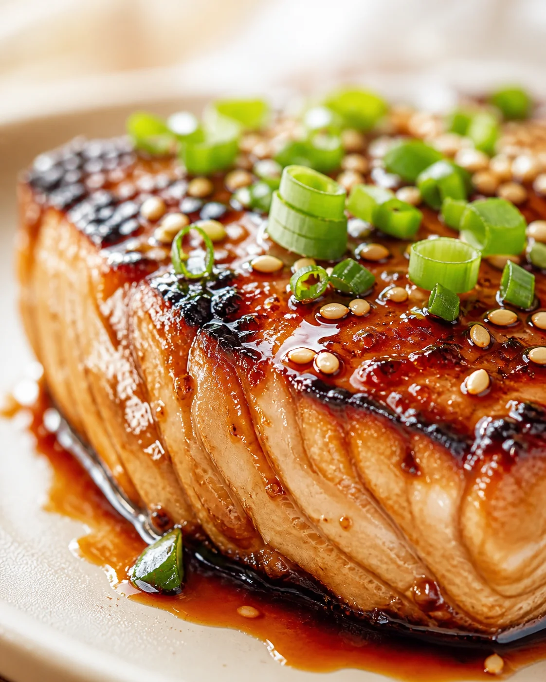 Close-up of glossy glazed pork belly with sesame seeds and green onion curls.