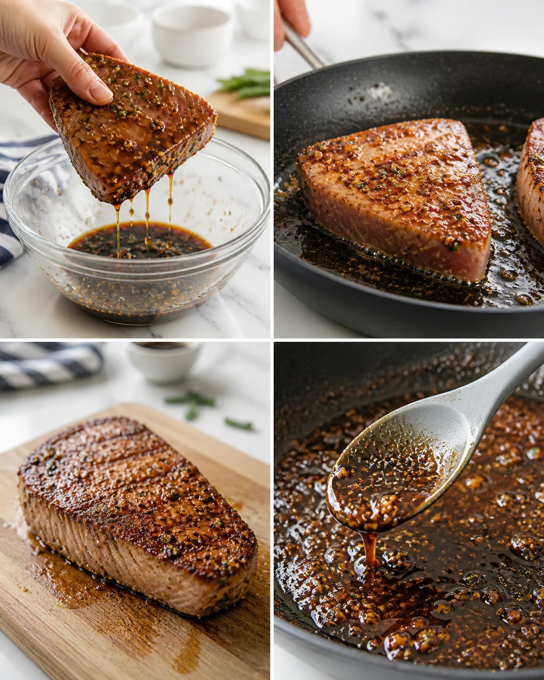 Four-panel collage showing steak being glazed and seared: dipping, searing, slices on board, spooning glaze.