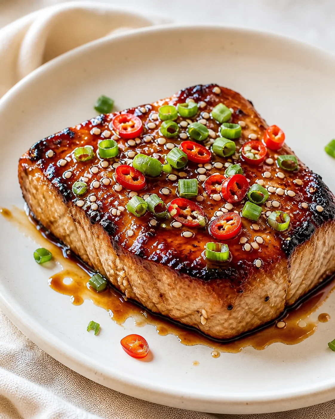Glossy glaze tofu square with sesame seeds, chili rings, and green onions on a plate.