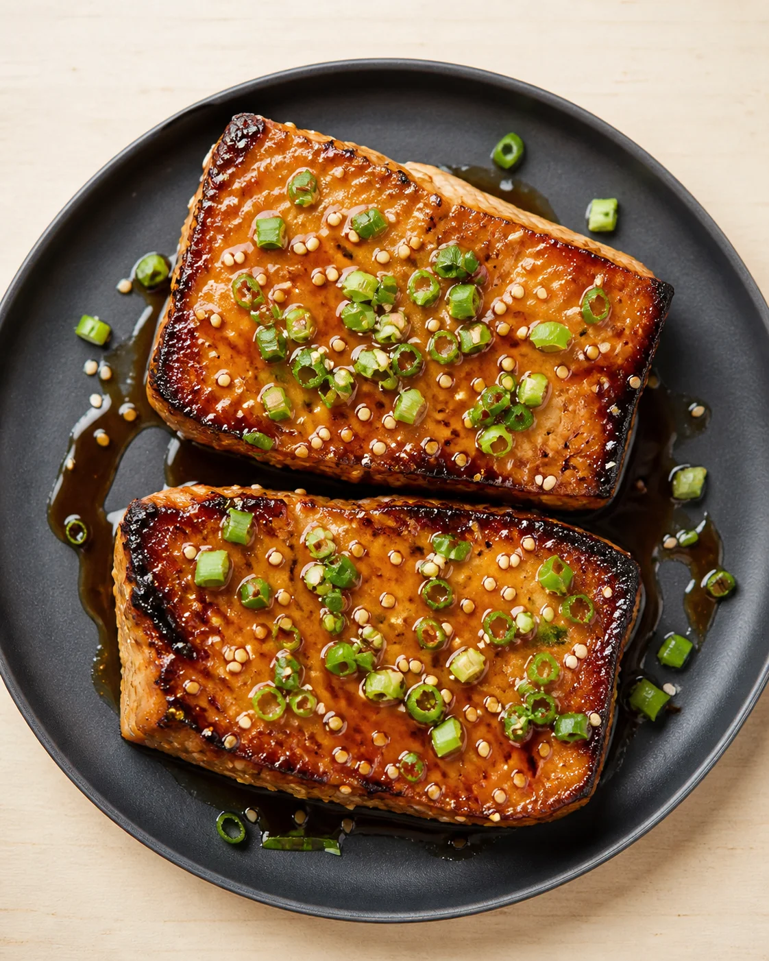 Two glossy glazed tofu slabs on a dark plate, topped with sesame seeds and sliced green onions.