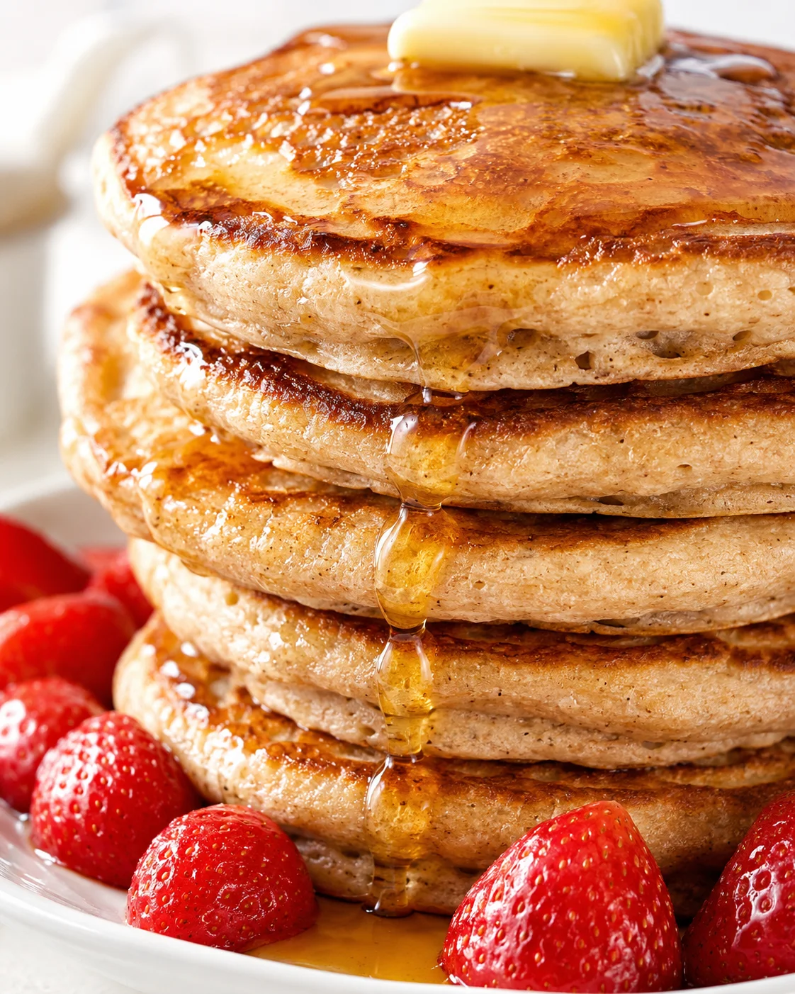 Close-up of a stack of golden pancakes with melted butter and maple syrup, surrounded by fresh strawberries.