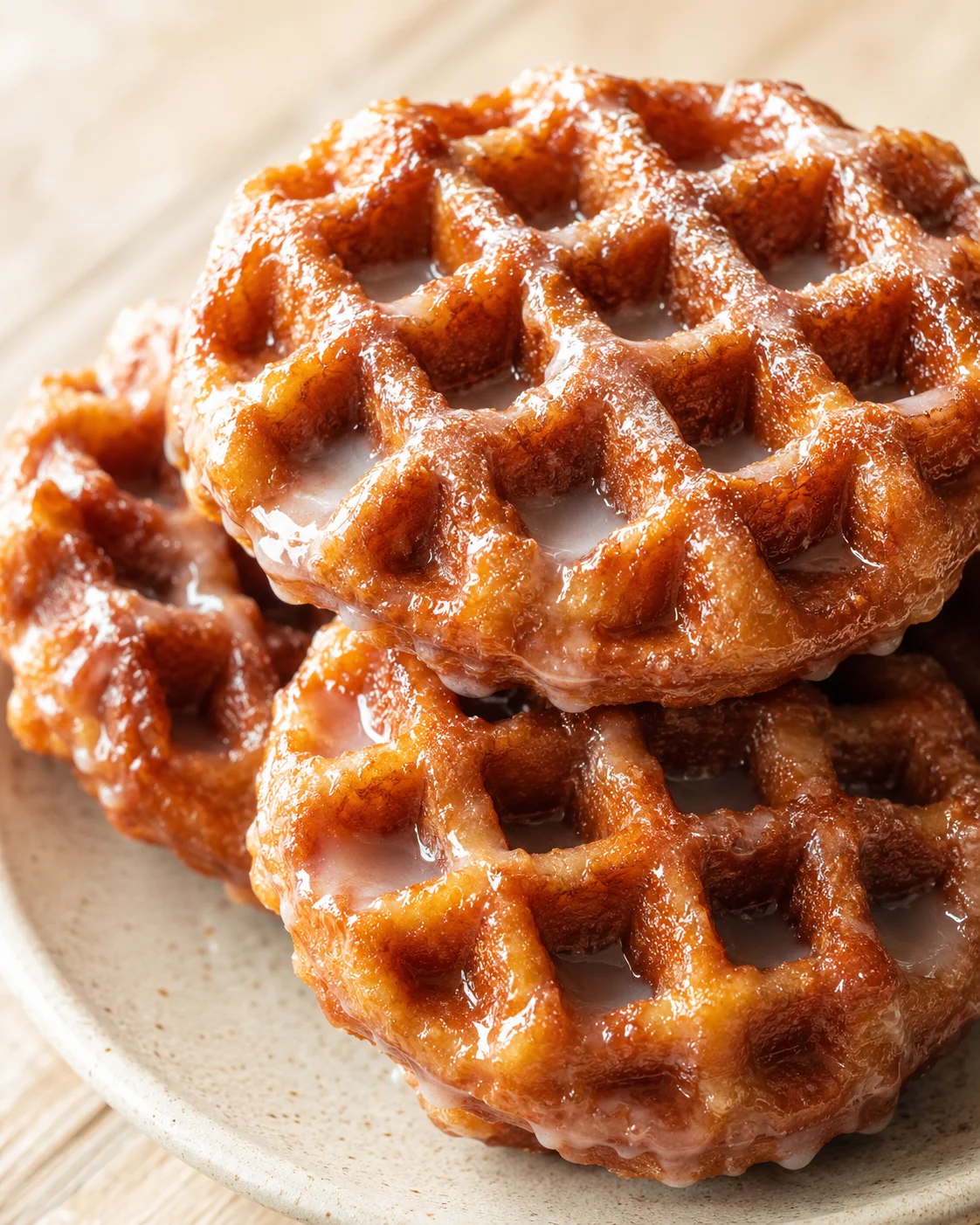 Close-up of glossy, golden-brown waffles with syrup on a beige plate.