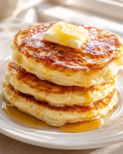 Stack of thick golden pancakes with melting butter and syrup on a white plate.