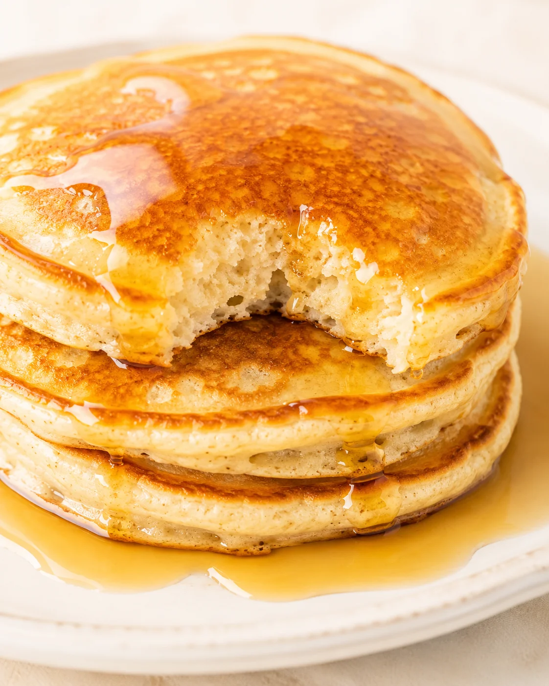 close-up of fluffy stacked pancakes with syrup on a plate