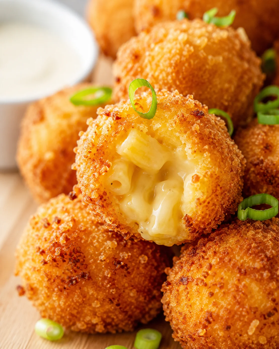 Close-up of golden, breaded cheese-stuffed bites with melted cheese and green onion garnish.
