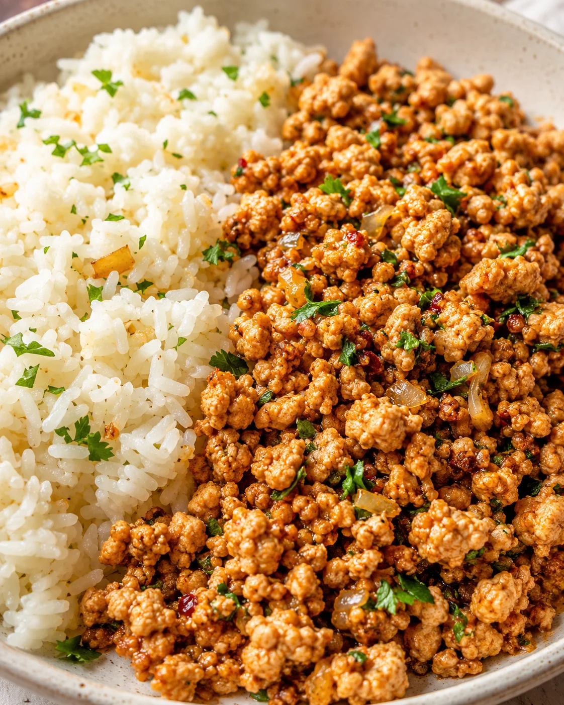 close-up of fluffy white rice and savory browned ground beef with onions and parsley in a speckled bowl
