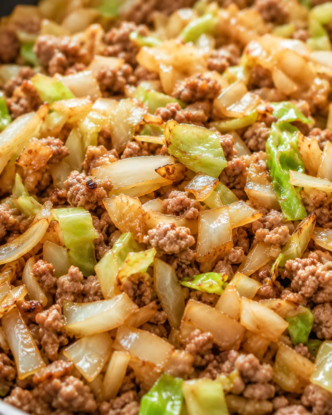 close-up of browned ground beef with onions and cabbage in a skillet.