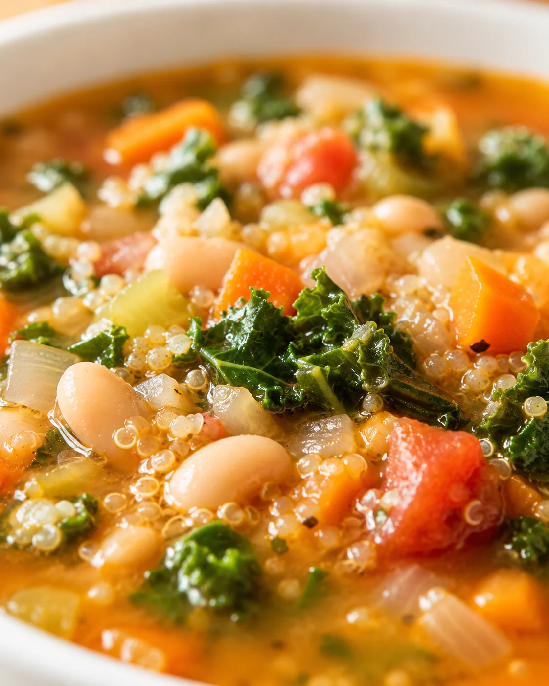 close-up of a chunky kale and white bean soup with quinoa and vegetables in a white bowl