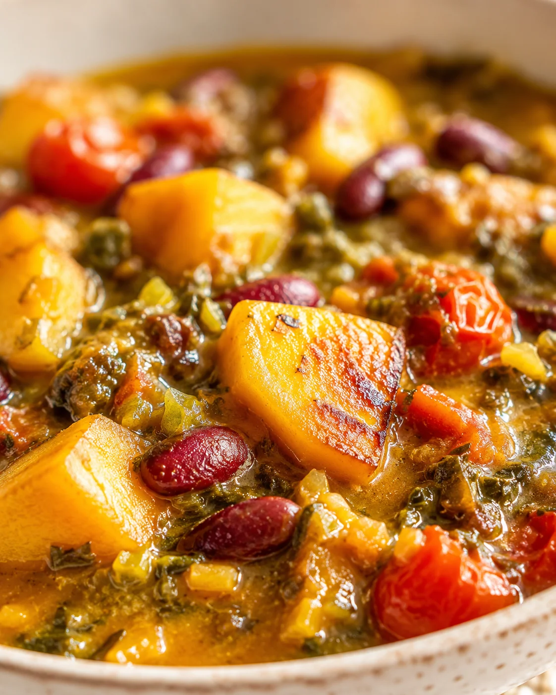 Close-up of chunky potatoes, kidney beans, tomatoes, and greens in a hearty stew.