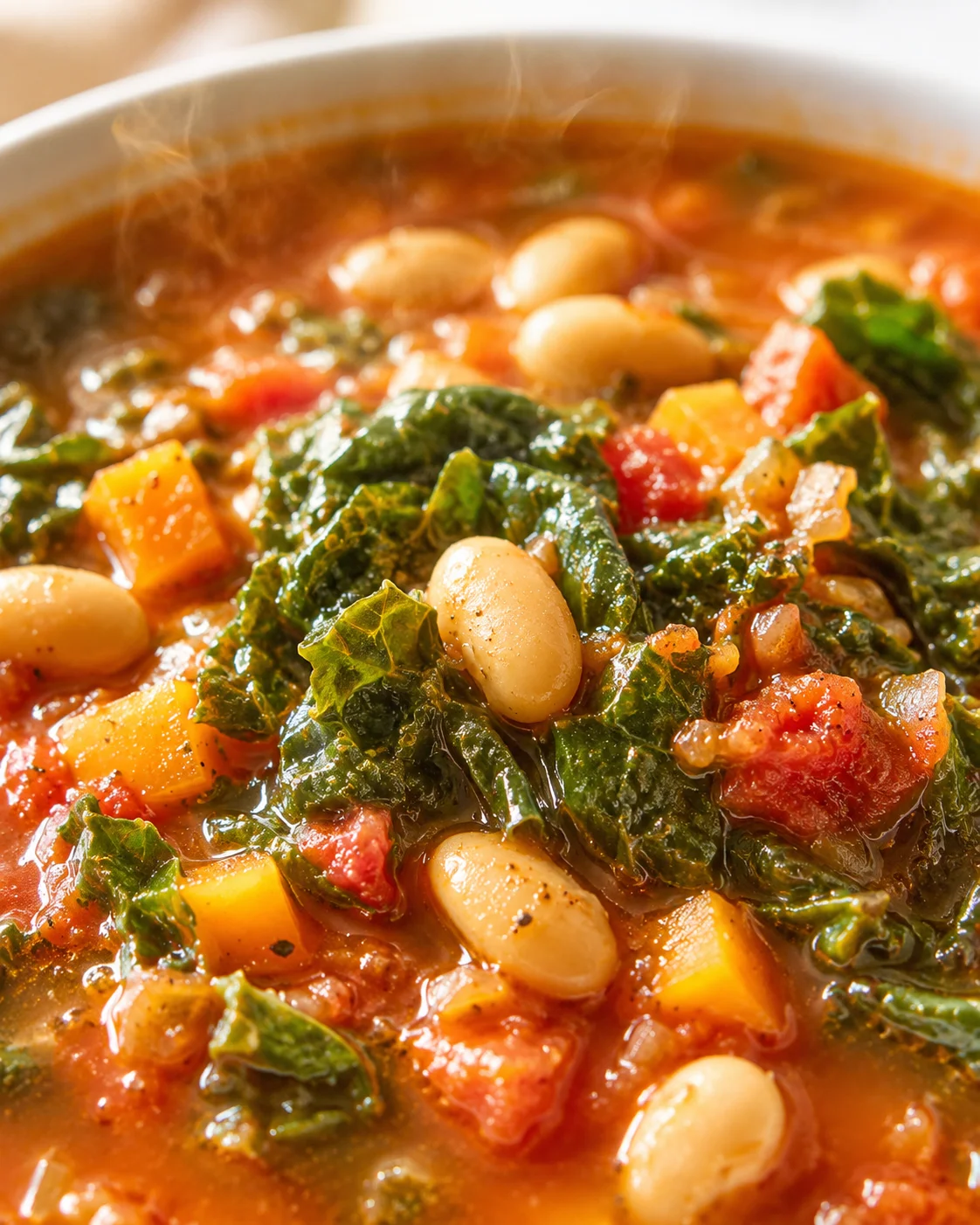 Close-up of kale, white beans, and diced peppers in a steaming tomato-based soup.