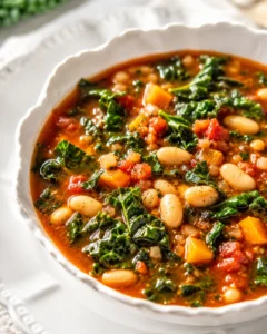 Close-up of hearty white bean and kale soup in a white scalloped bowl.