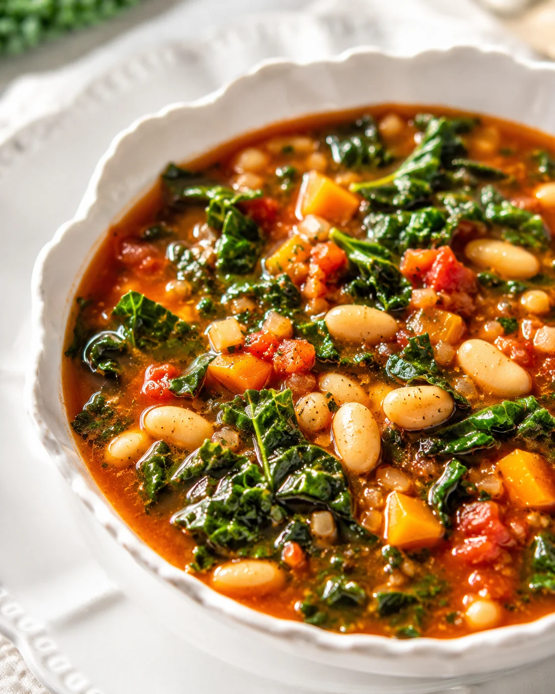Close-up of hearty white bean and kale soup in a white scalloped bowl.