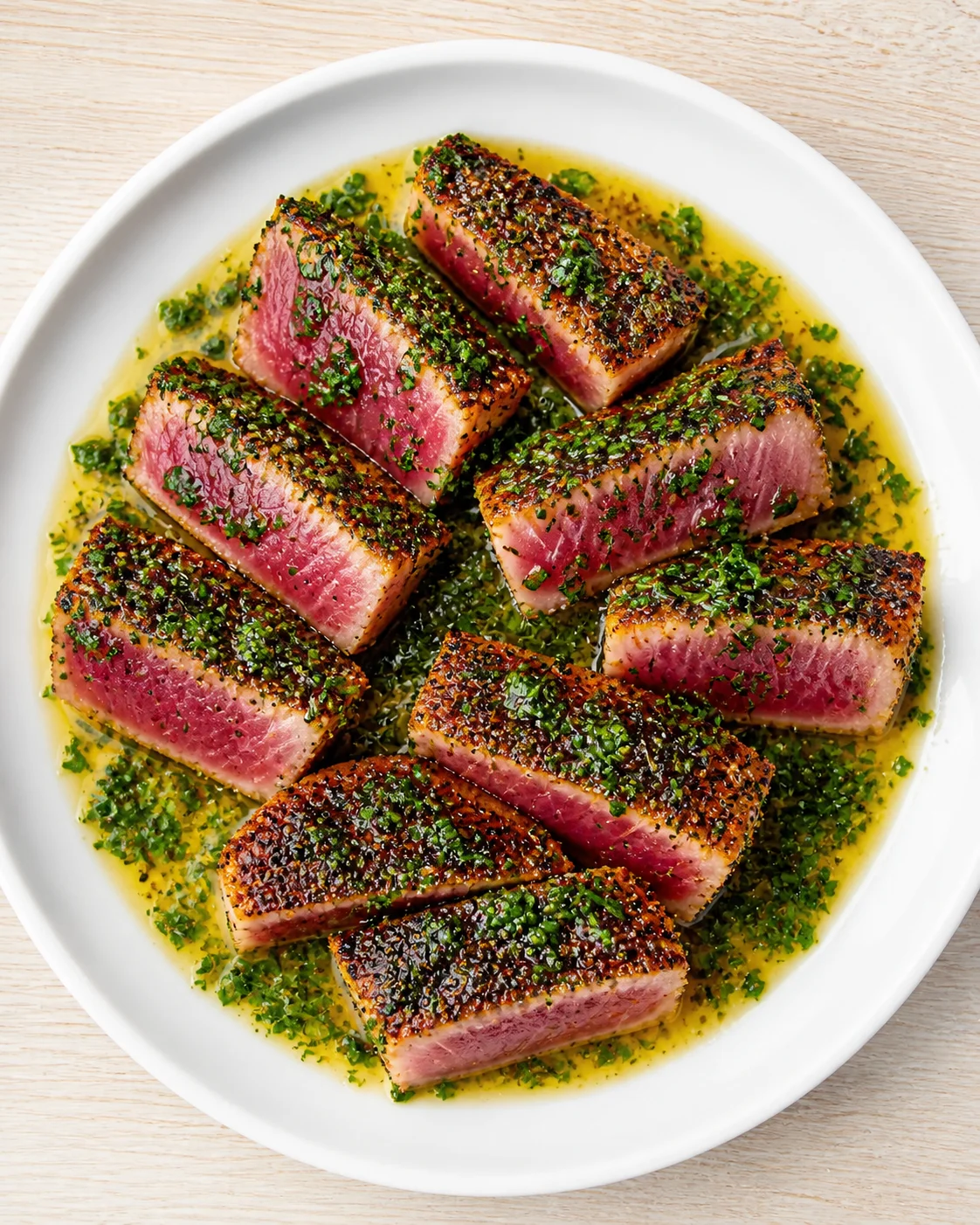 Slices of herb-crusted seared tuna with pink centers on a white plate, surrounded by bright herb oil
