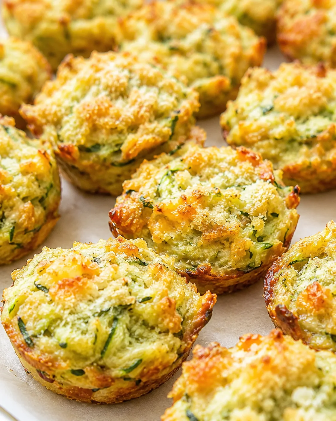 Close-up of golden savory muffins with green herbs on parchment