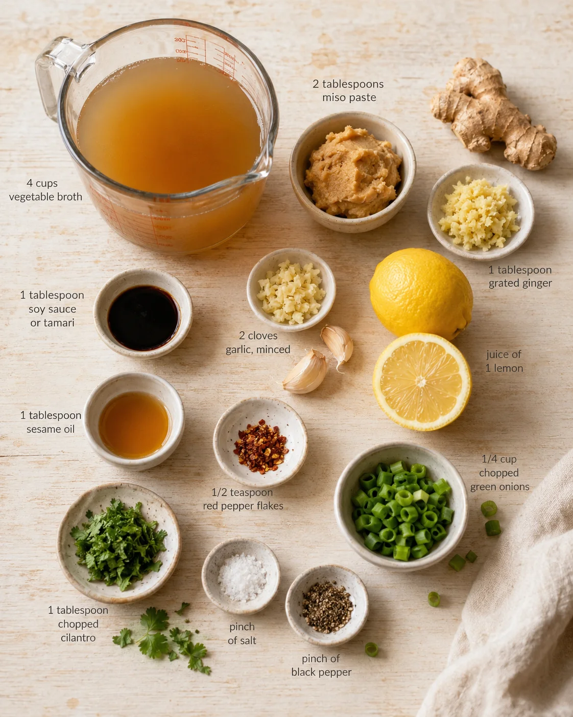 Top-down view of a kitchen ingredient spread: broth, miso, lemon, ginger, garlic, greens, and spices.