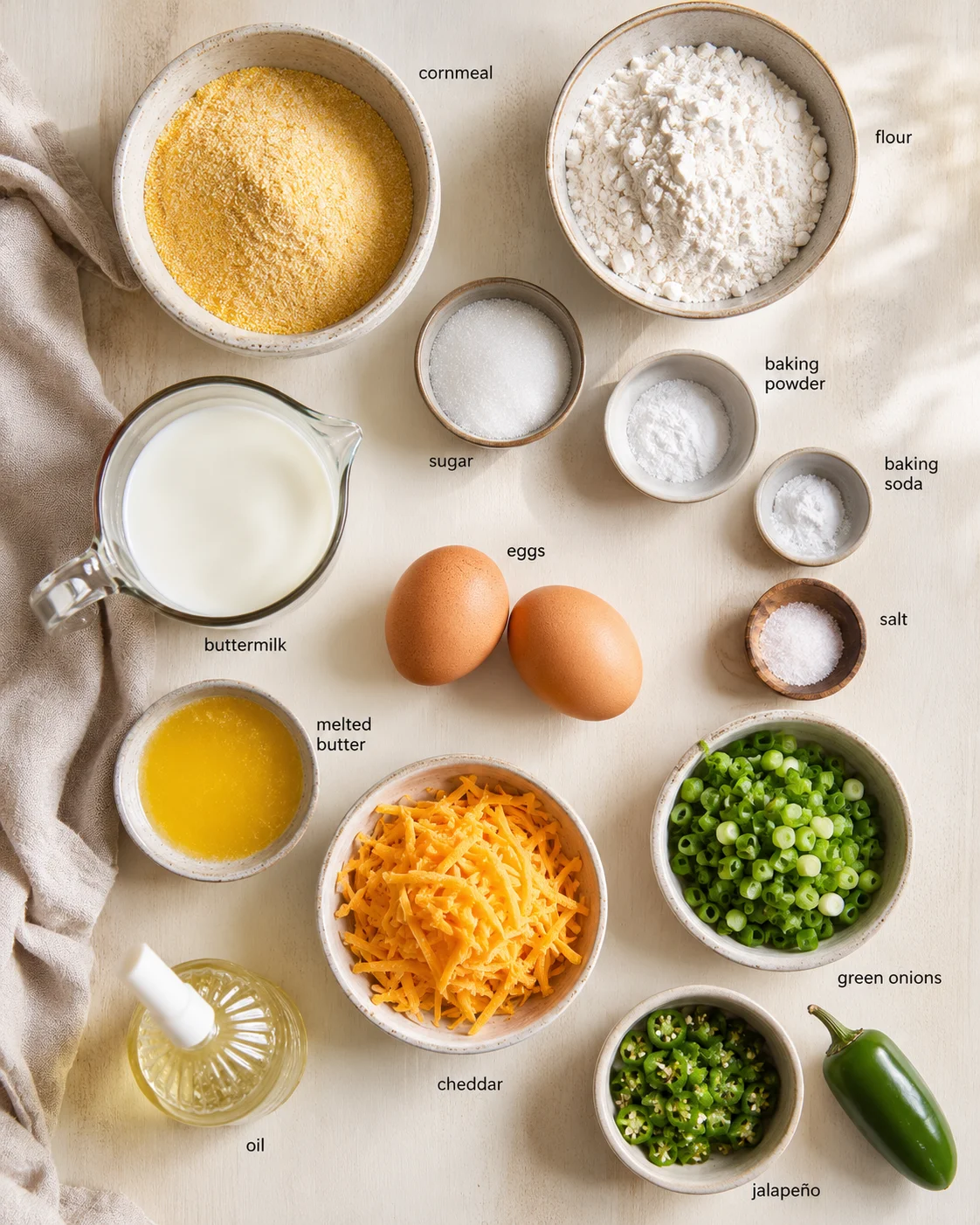 Flat lay of jalapeño cheddar cornbread ingredients on a light wooden table.