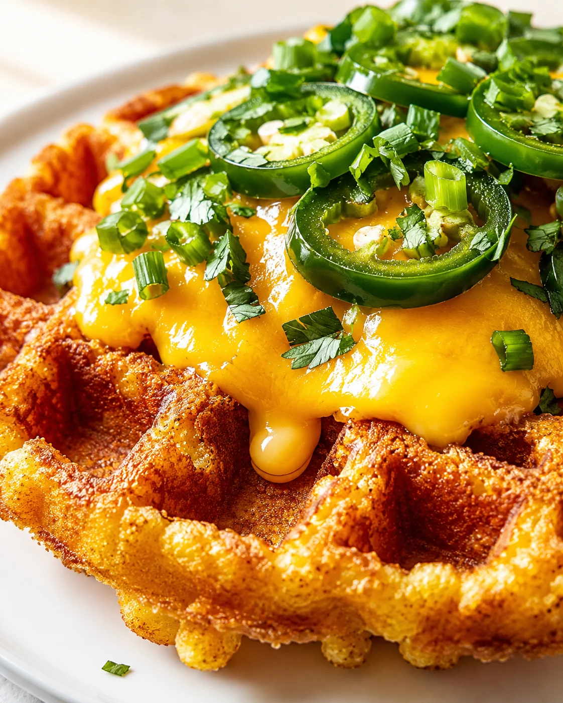 Close-up of a crispy waffle topped with melted cheddar, jalapeño rings, and chopped green herbs.