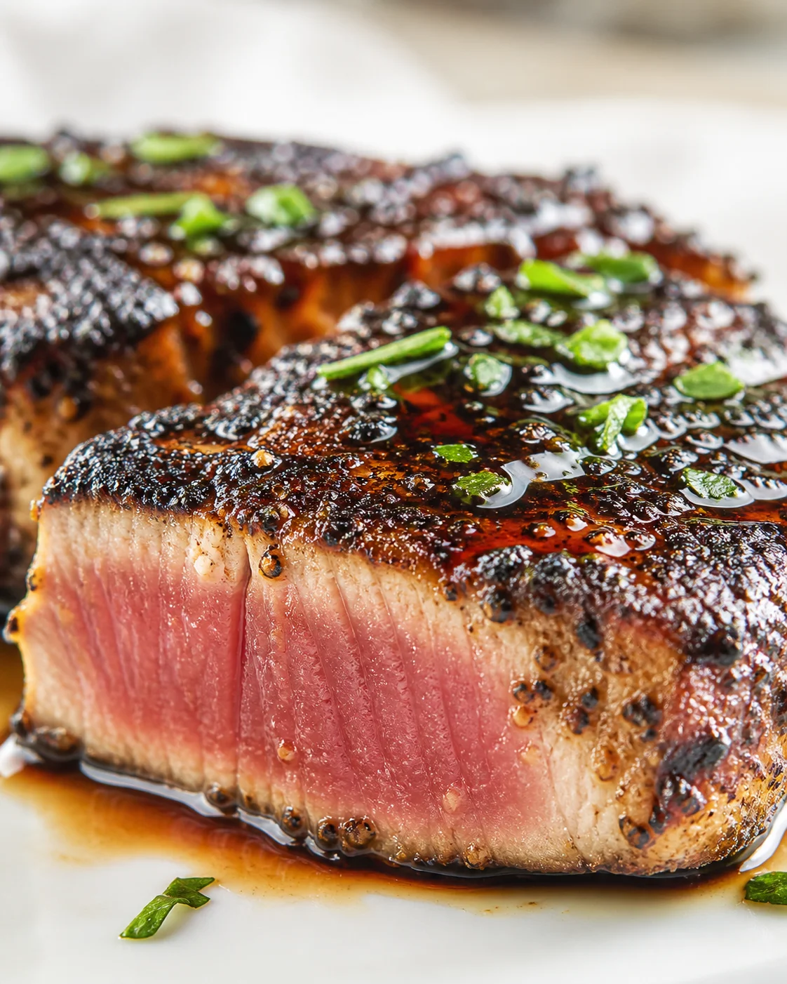 Close-up of a rare, charred beef steak with a glossy glaze and green herb garnish.