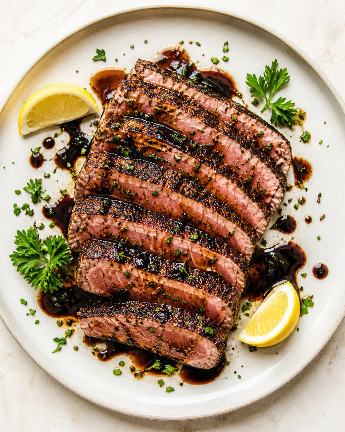 Sliced grilled steak with a dark crust, sauce drizzle, lemon wedges, and parsley on a white plate.