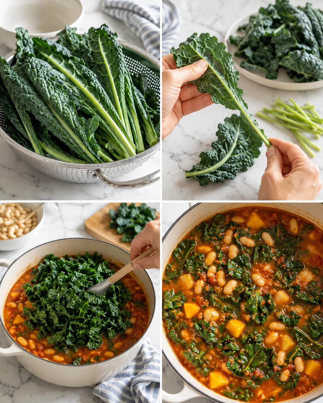 collage showing fresh kale being washed, chopped, and added to a kale and white bean soup on a marble countertop.