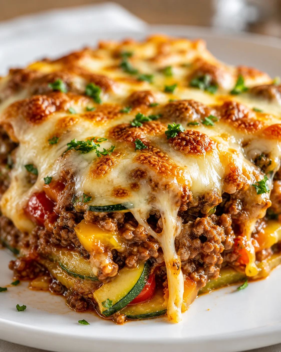 close-up of bubbly lasagna with melted cheese, beef, and vegetables on a white plate