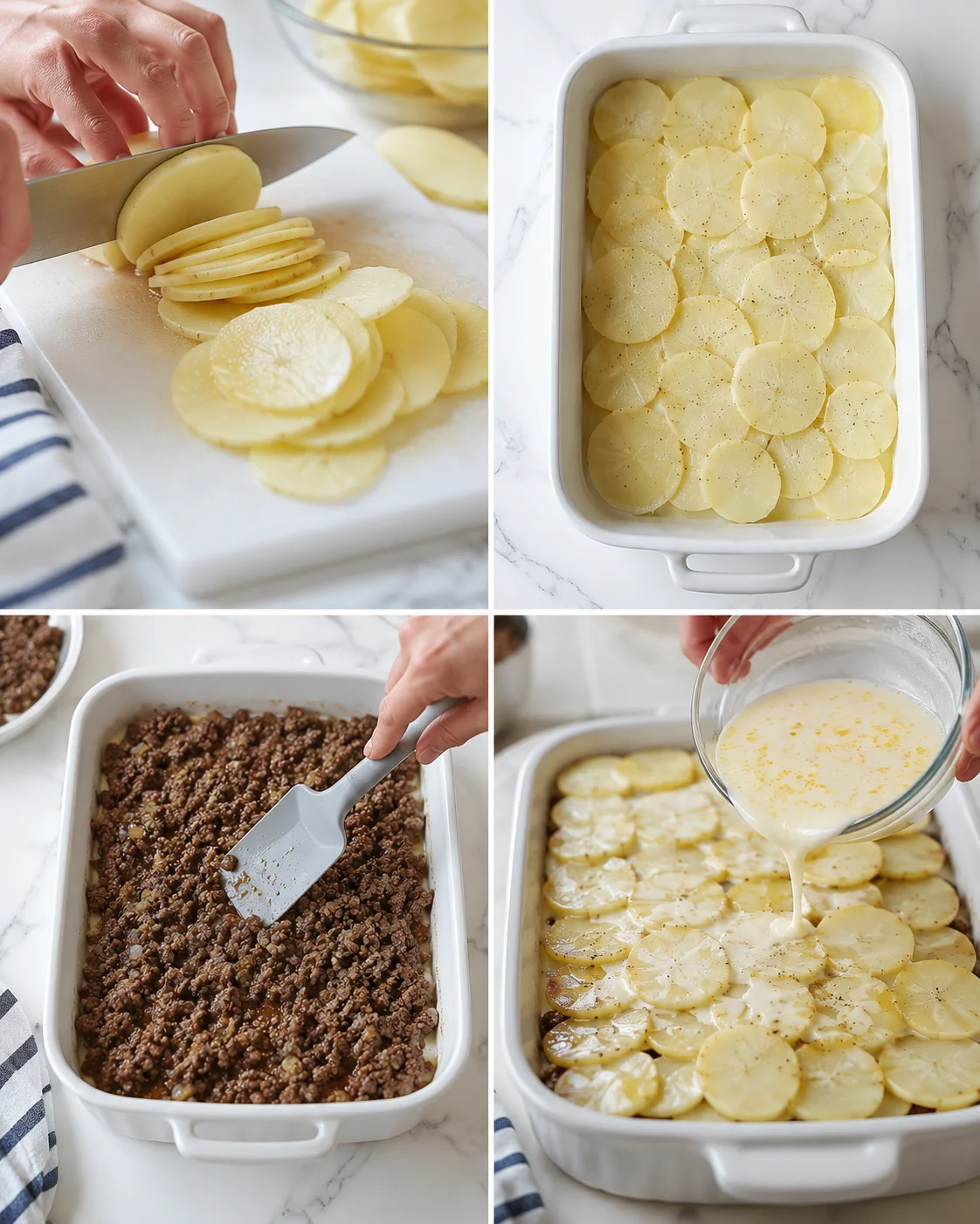 Collage of potato slices, beef filling, and creamy sauce being poured into a baking dish.
