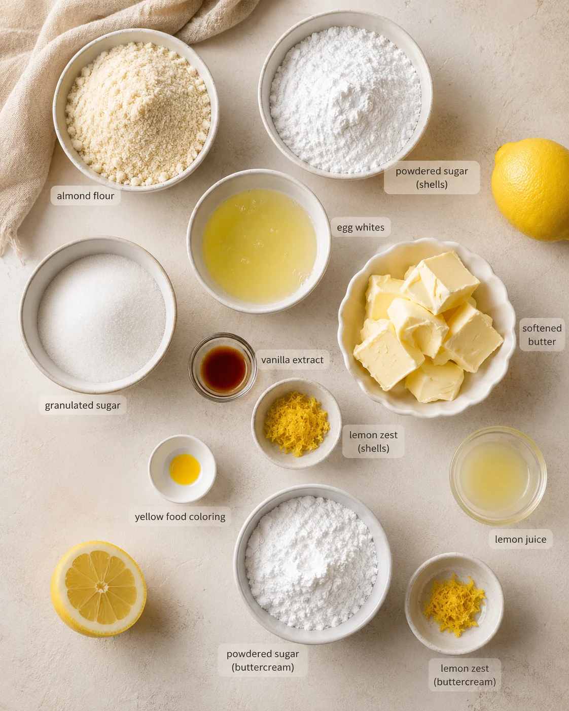Top-down view of baking ingredients arranged on a beige countertop, including almond flour, sugar, butter, and lemon.