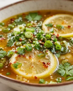 close-up of lemon slices, green onions, and cilantro in a golden, spicy broth garnished with sesame