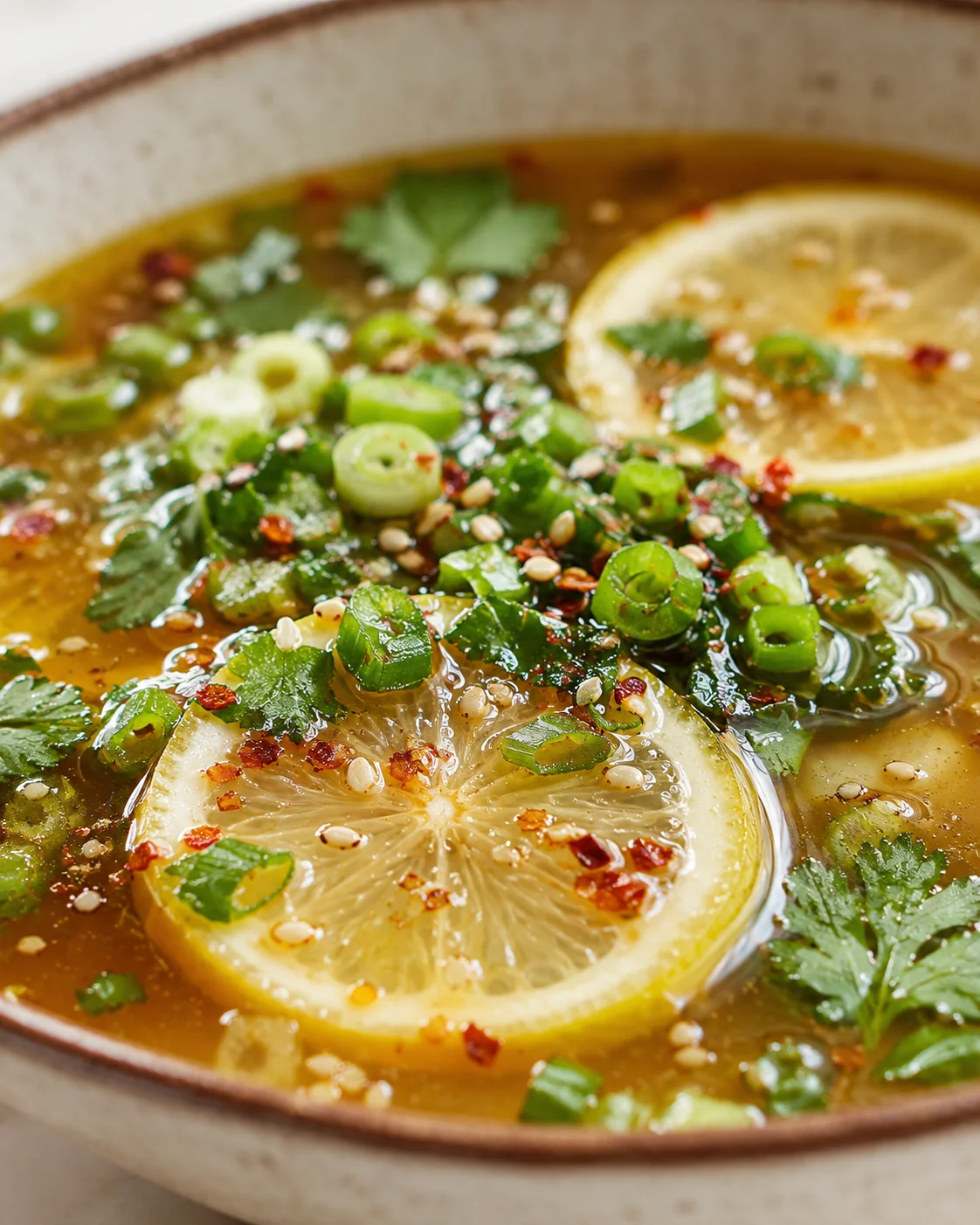 close-up of lemon slices, green onions, and cilantro in a golden, spicy broth garnished with sesame