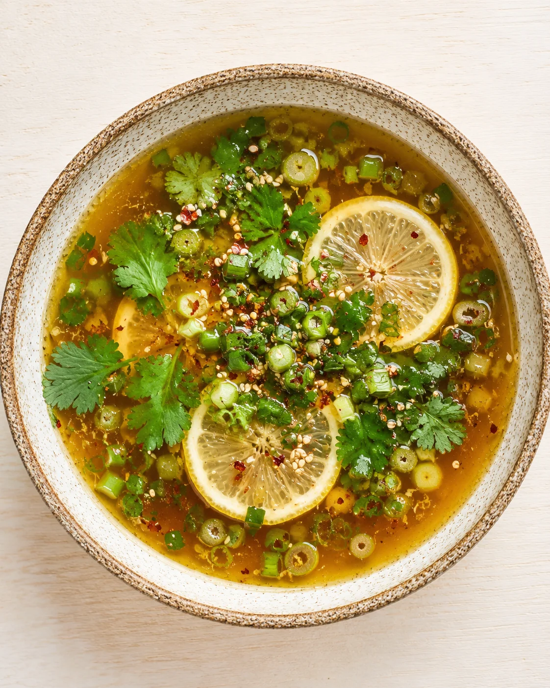 top-down view of a golden broth soup in a speckled ceramic bowl, garnished with lemon slices, cilantro, and green onions.