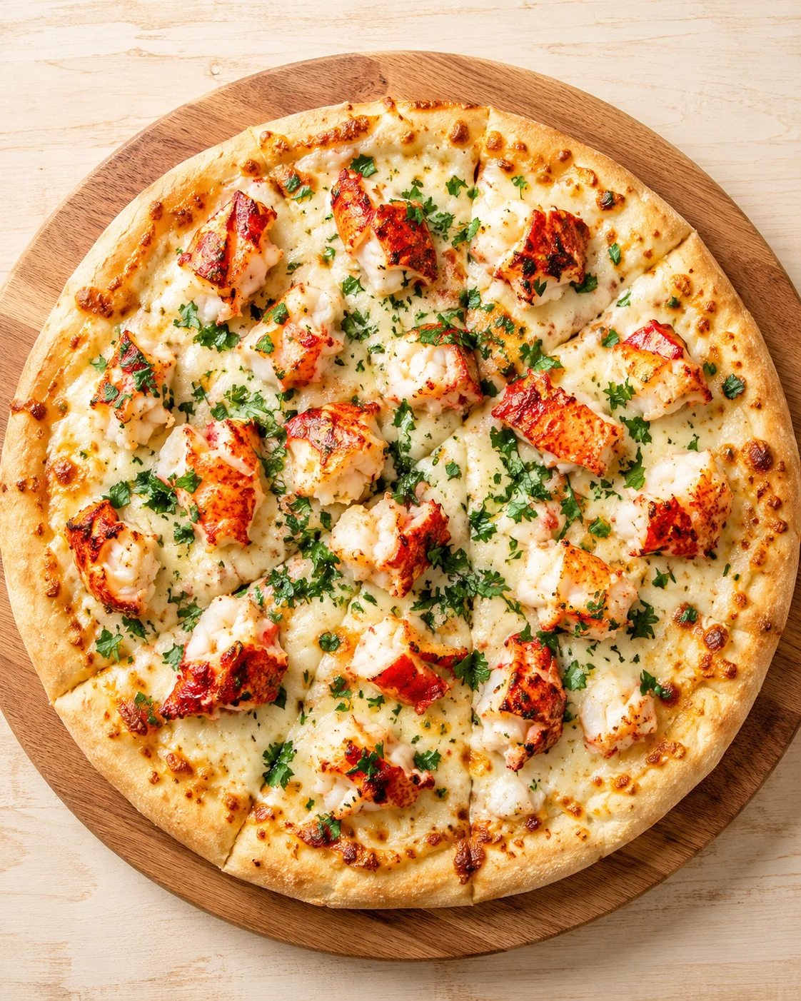 Top-down view of a lobster-topped cheese pizza on a round wooden board.