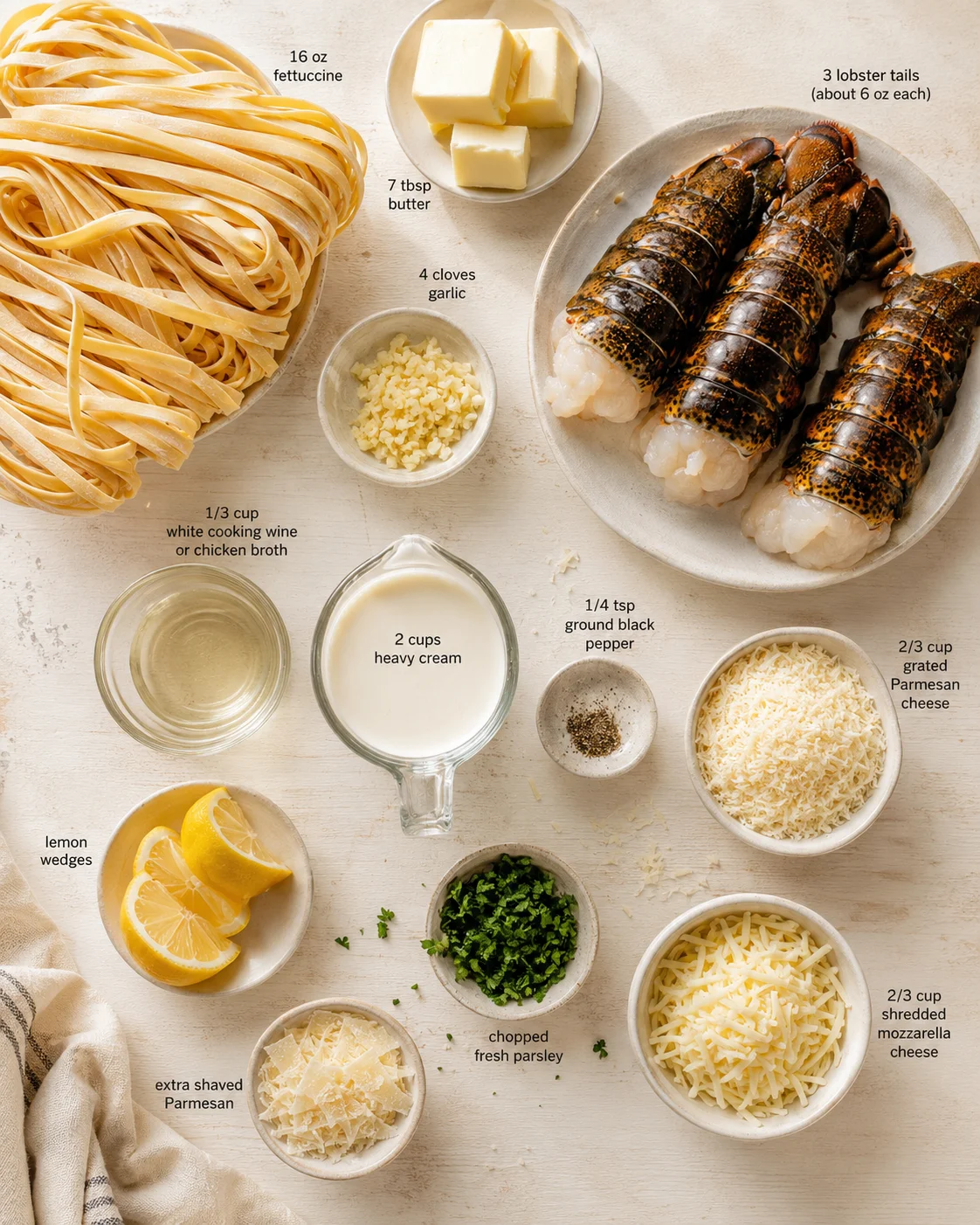 Overhead shot of lobster tails, fettuccine, and labeled ingredients arranged on a light surface
