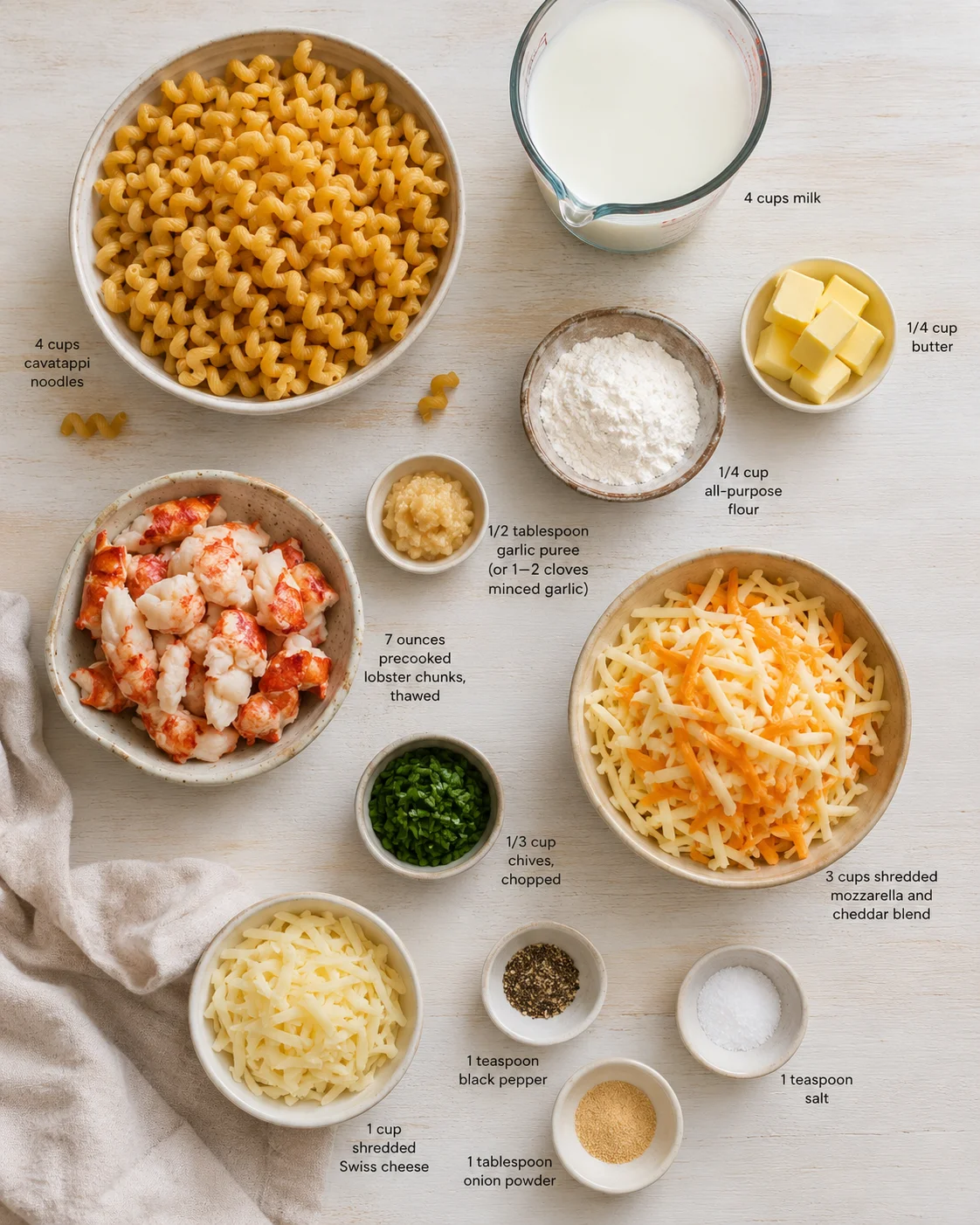 Overhead view of lobster macaroni ingredients laid out with pasta, lobster, cheeses, milk, and seasonings.