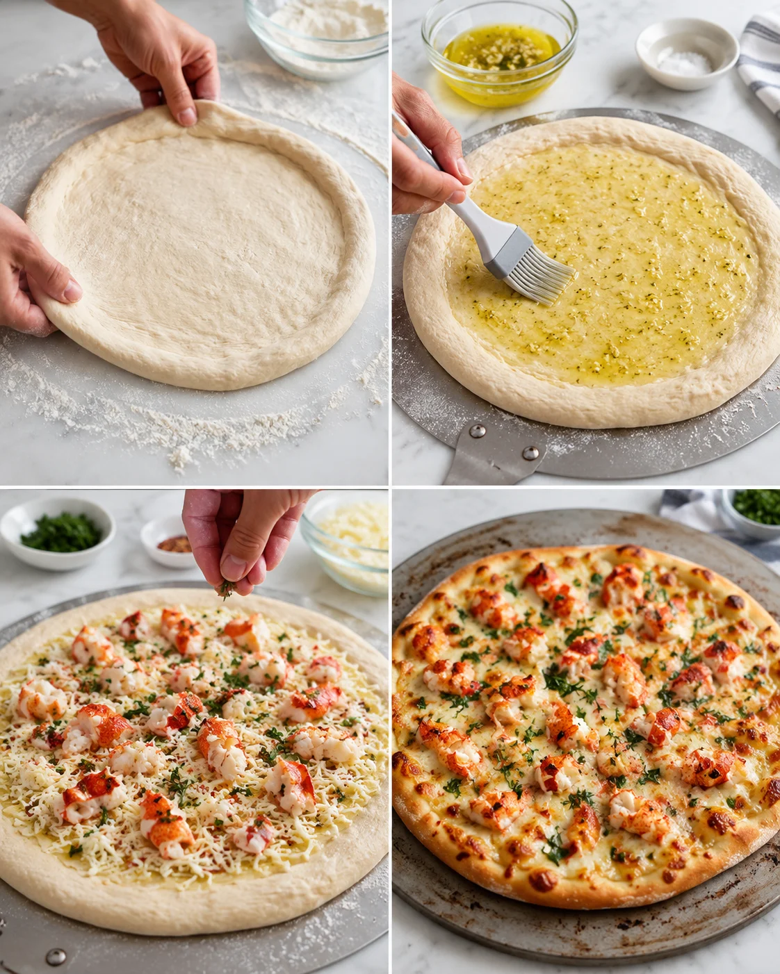 Collage shows dough being stretched, oil brushed, and lobster-cheese topping on pizza.