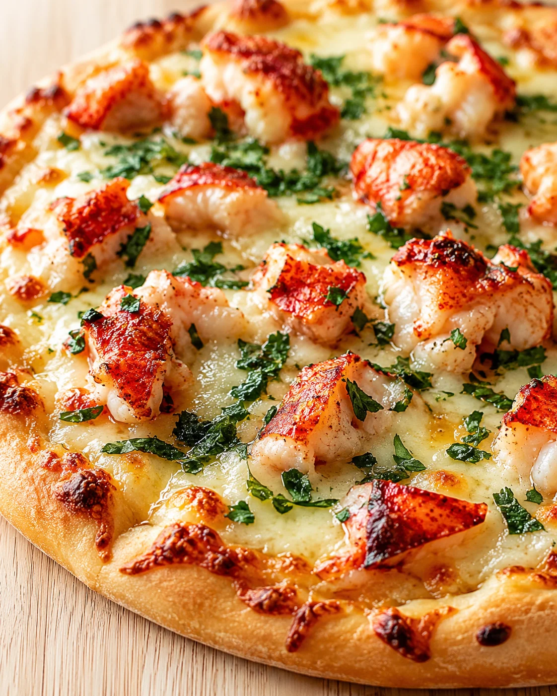 Close-up of lobster-topped pizza with melted cheese and parsley on a wooden surface
