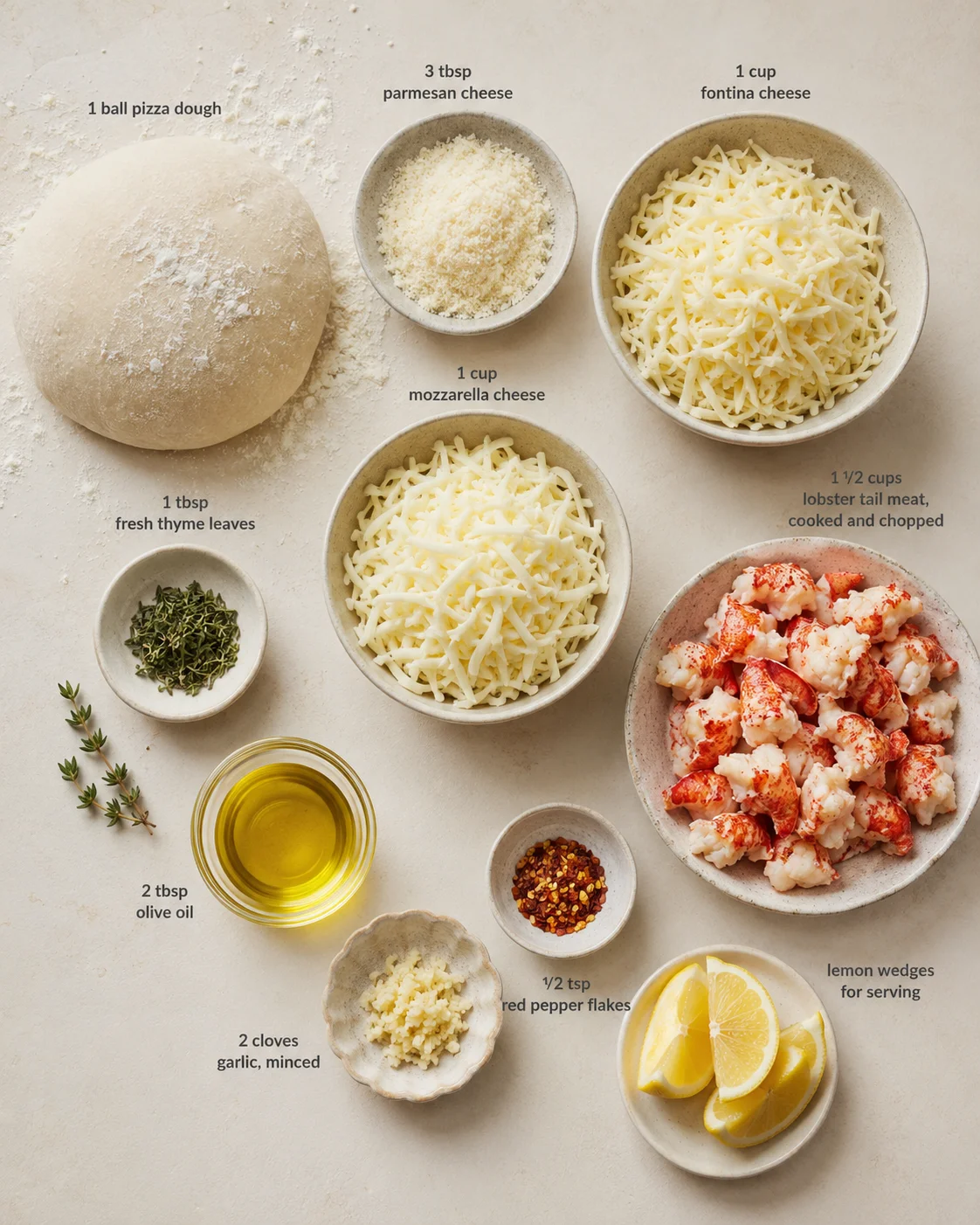 Flat lay of pizza ingredients on a beige surface: dough, cheeses, lobster, herbs, and citrus