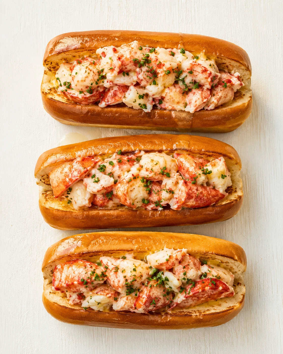 Three lobster rolls filled with lobster meat in a creamy mayonnaise sauce on toasted buns.