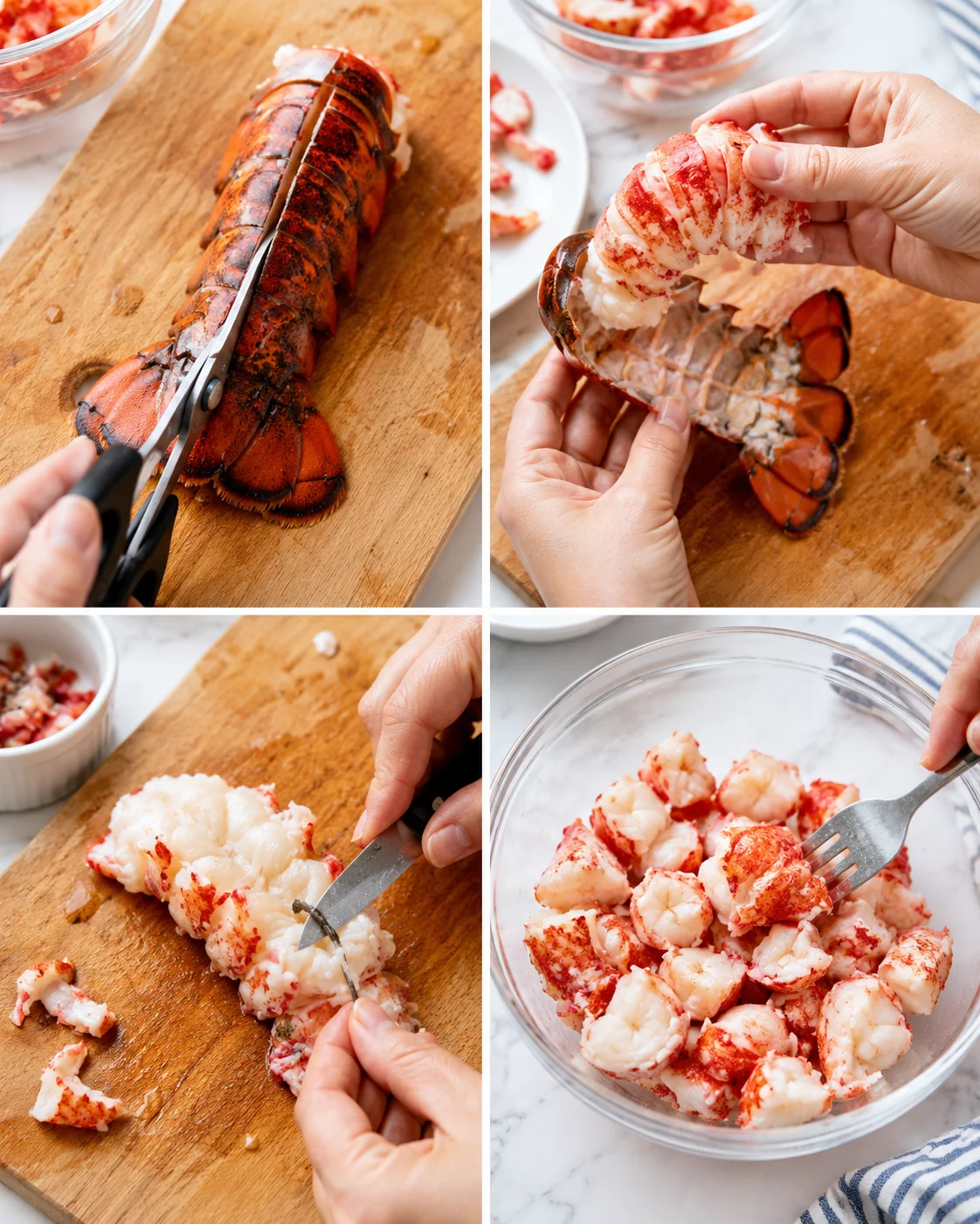 Four-panel collage showing lobster tail being cut, meat removed, and chopped.