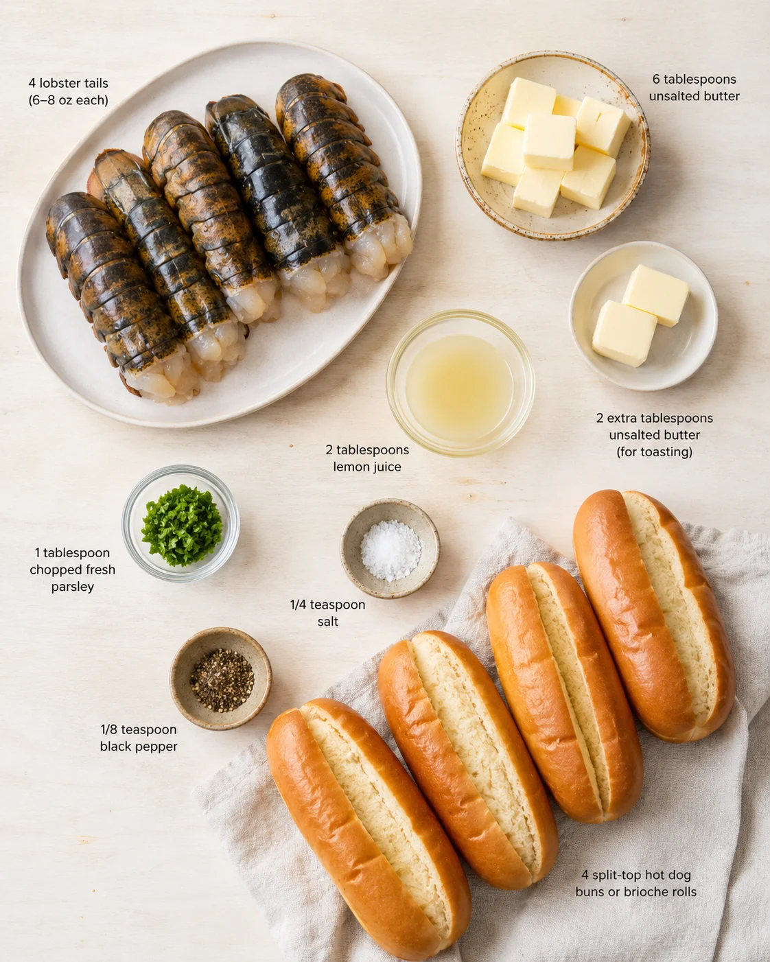 Overhead view of lobster tails, butter, buns, lemon juice, parsley, and spices arranged on a light wooden surface.