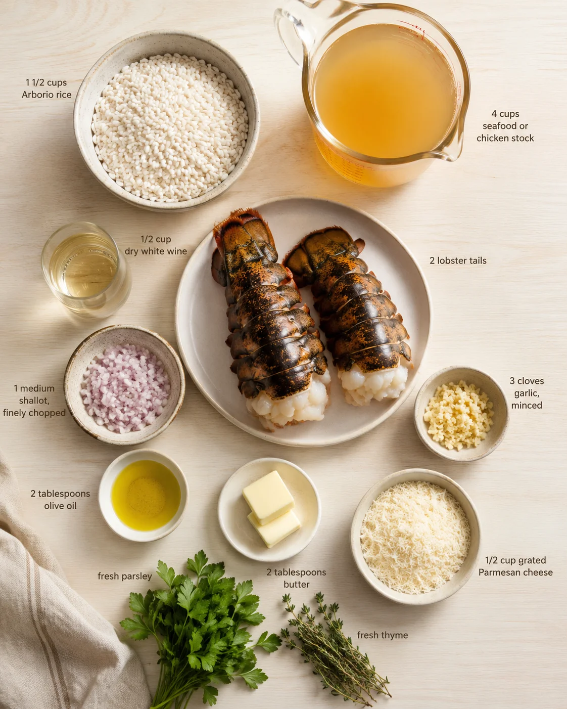 top-down view of lobster tails and assorted risotto ingredients arranged on a light wooden surface