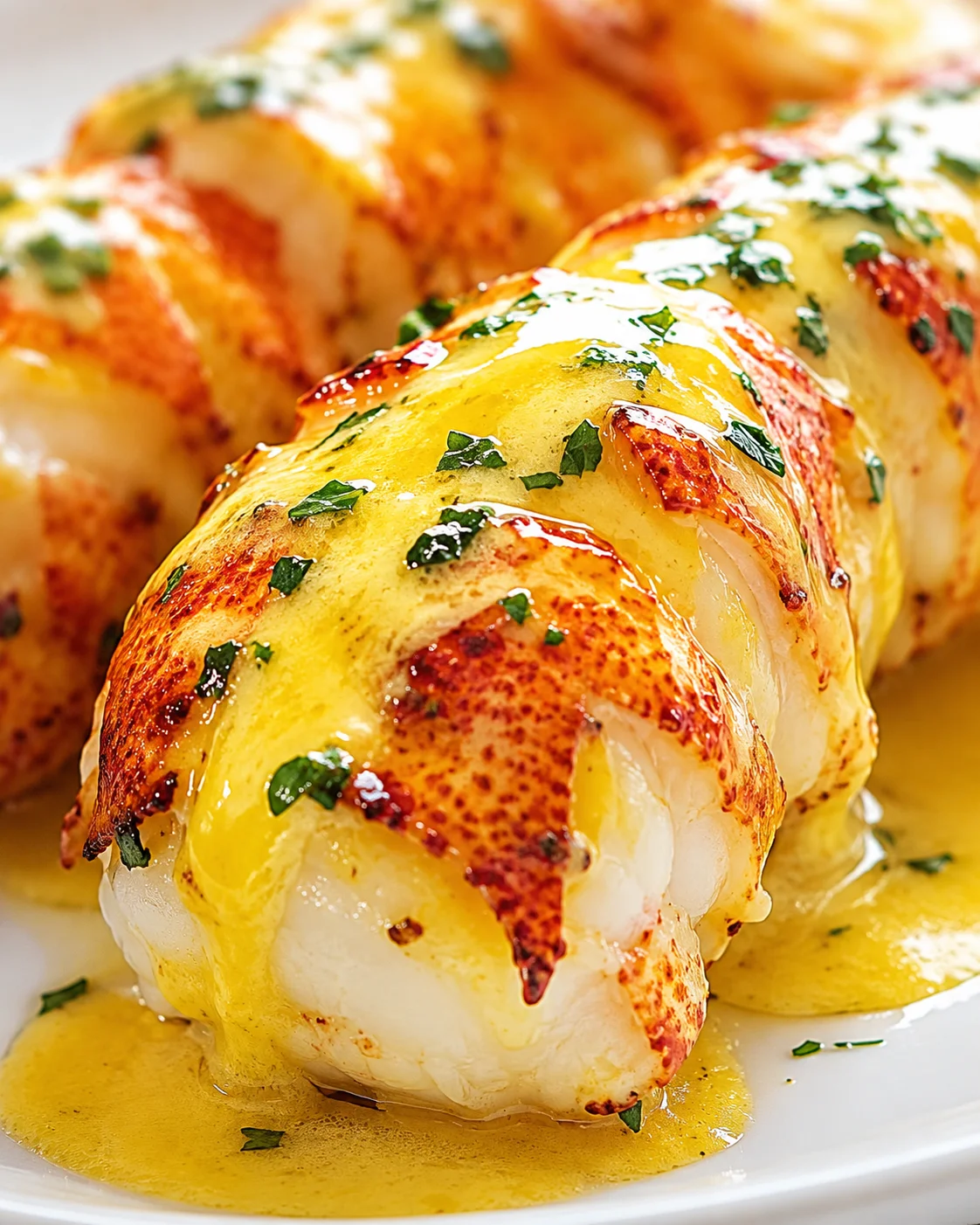Close-up of lobster tails glazed with golden butter sauce and parsley