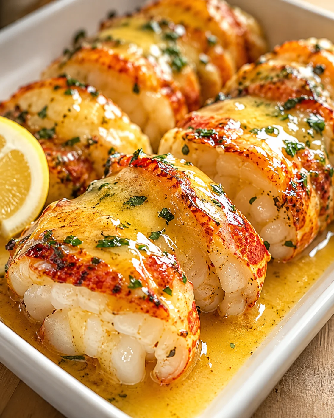 Lobster tails baked in a golden butter sauce with parsley, served in a white dish with a lemon wedge
