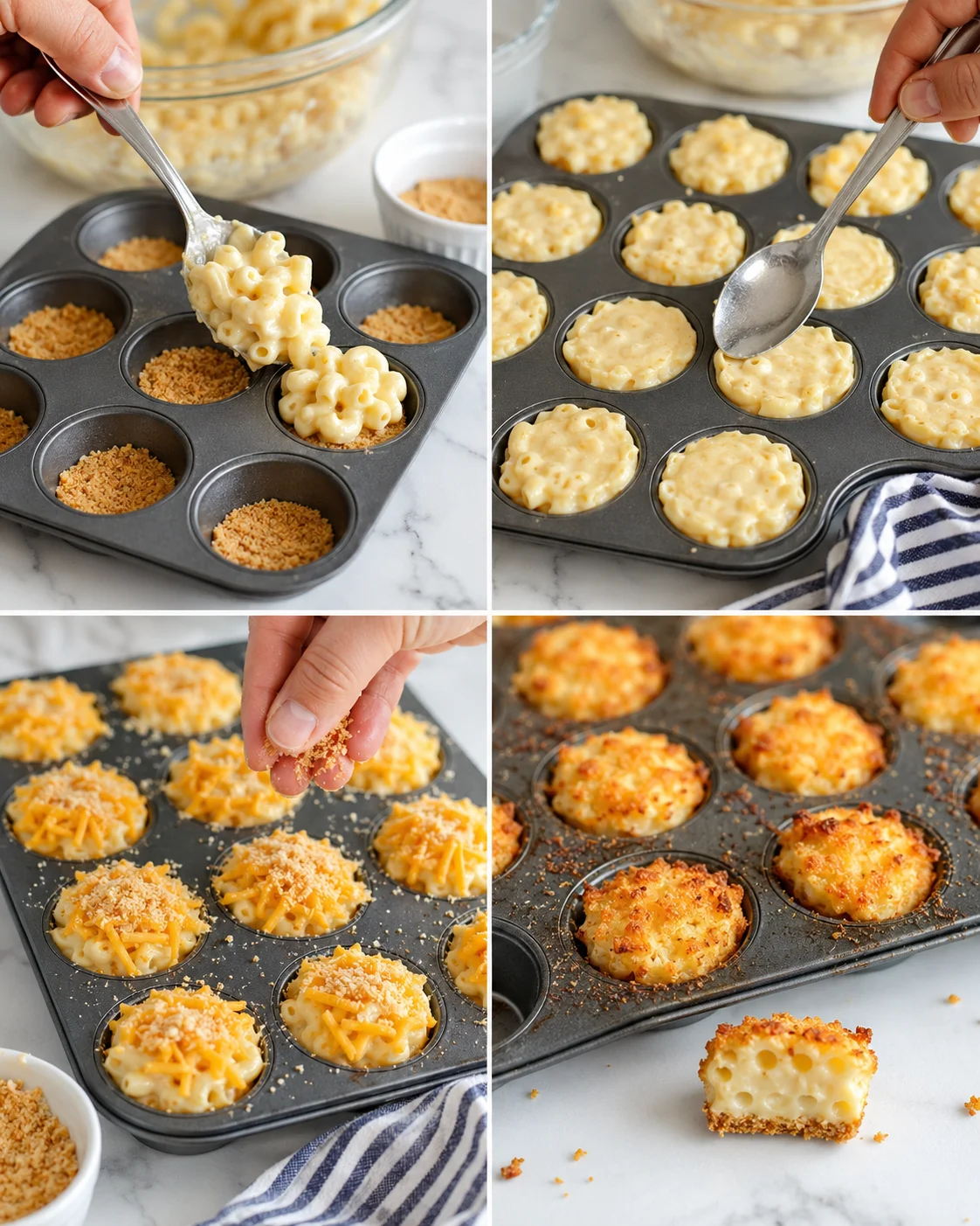 collage showing step-by-step macaroni and cheese bites being prepared in a muffin tin