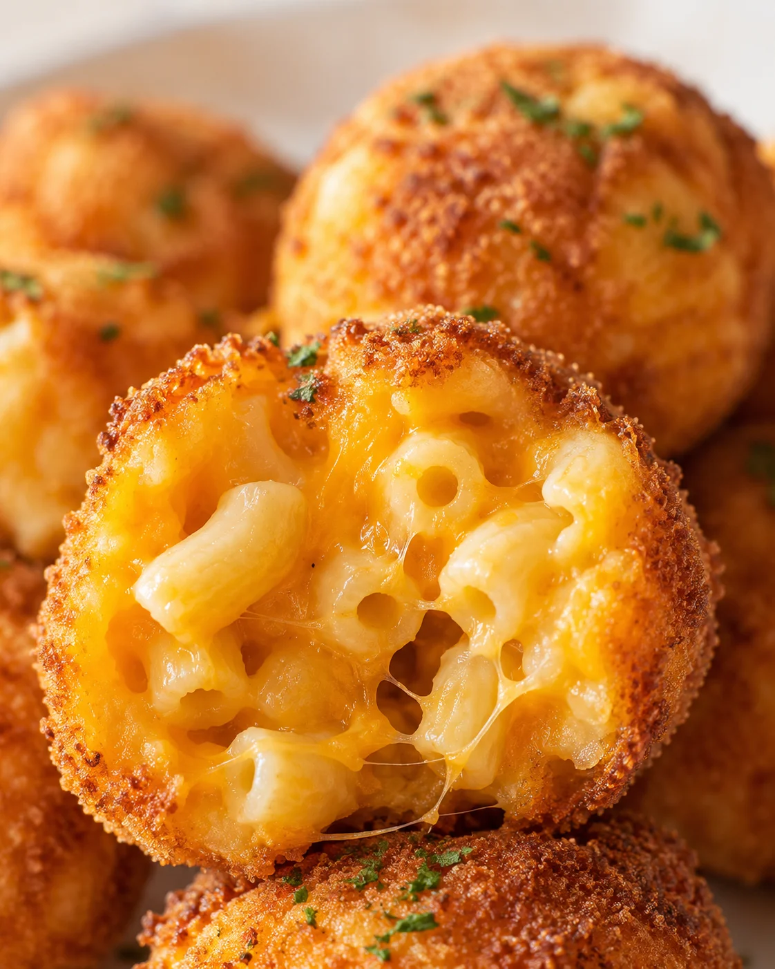 close-up of crispy, golden-brown mac-and-cheese bites with melted cheese oozing from the center, garnished with parsley.