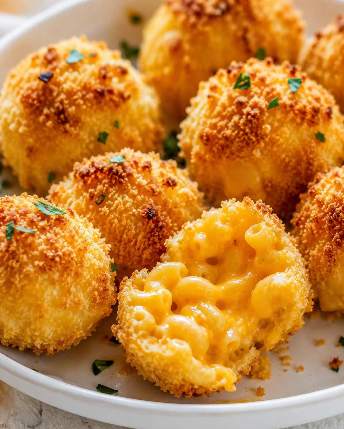 Golden breadcrumb-crusted mac-and-cheese croquettes with gooey melted cheese center on a white plate.