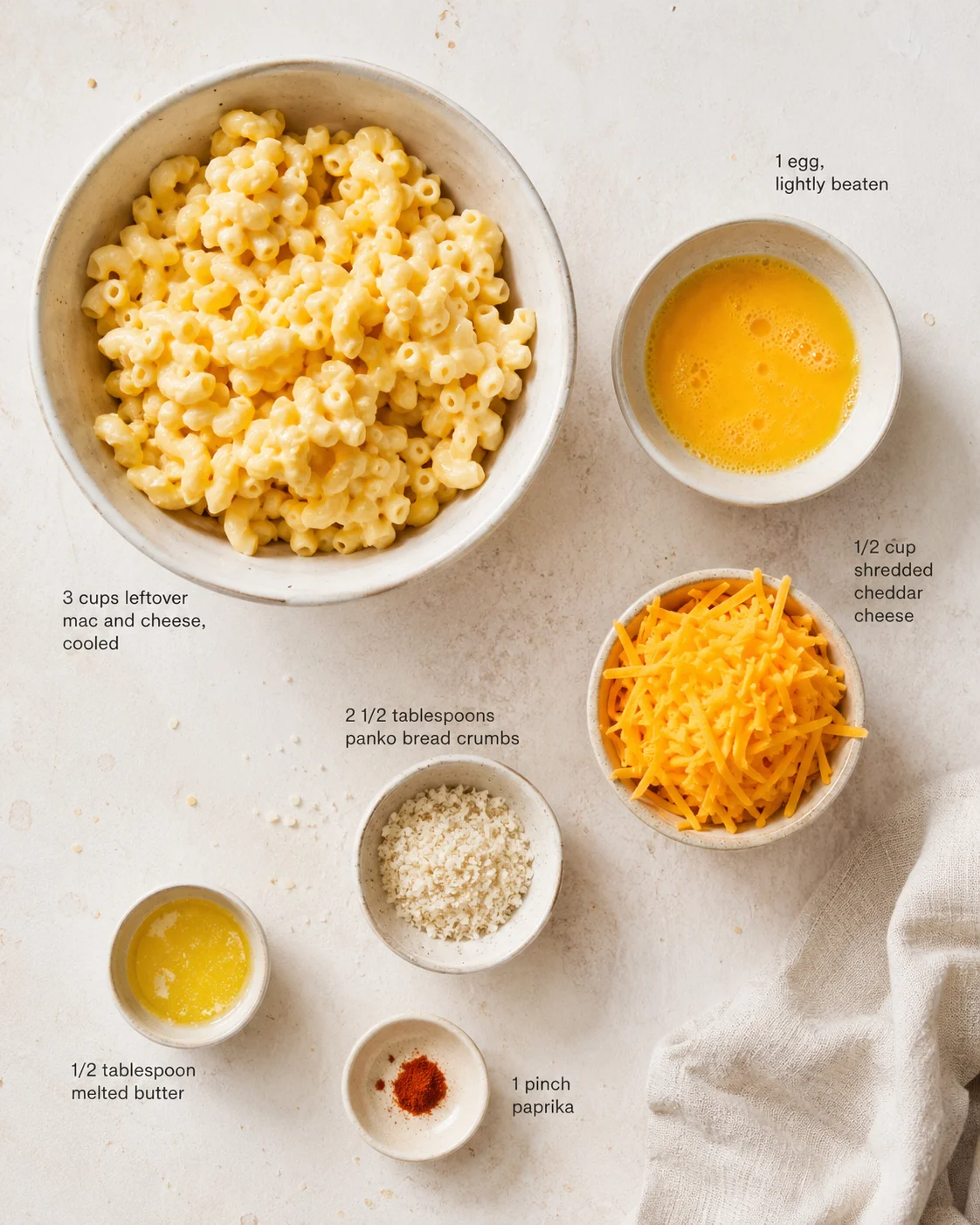 Top-down view of a recipe layout with macaroni and cheese and labeled ingredients.