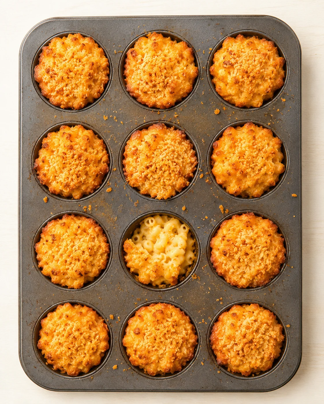 top-down view of a muffin pan filled with crumb-topped muffins; one muffin shows pasta inside.