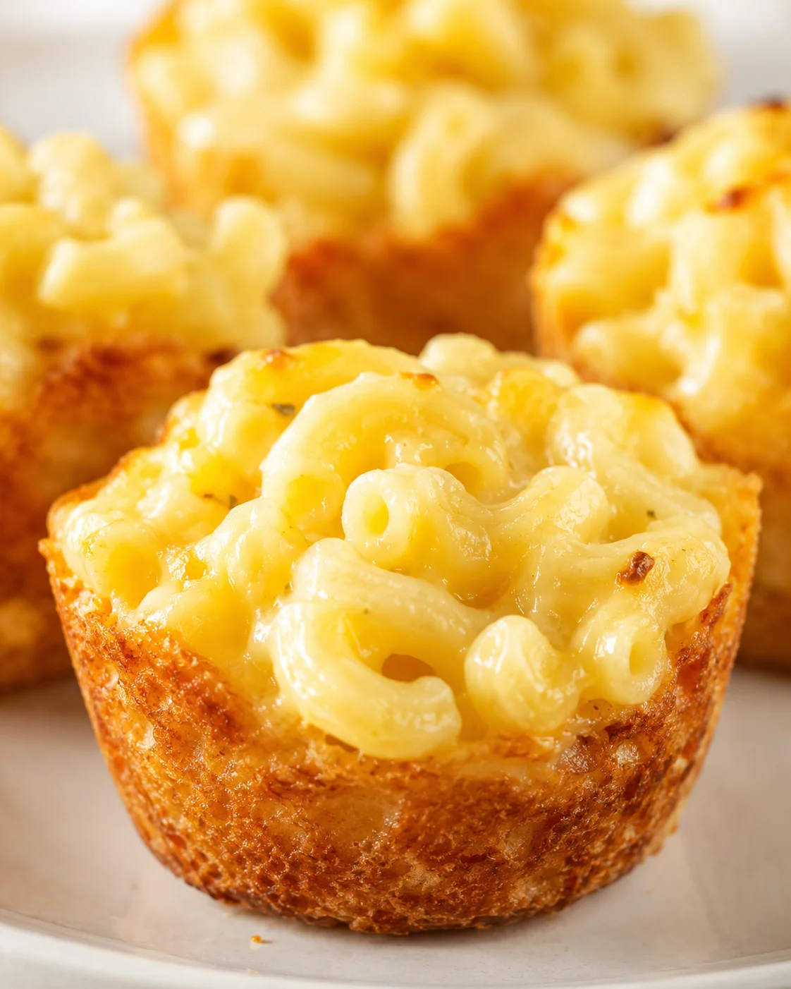 Close-up of golden baked macaroni-and-cheese muffins with creamy filling on a light plate