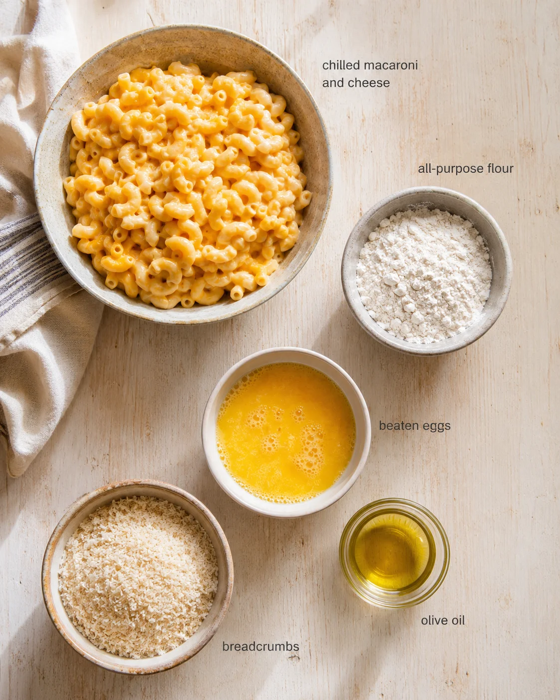 top-down view of a rustic kitchen scene with macaroni and cheese and bowls of flour, eggs, breadcrumbs, and olive oil.